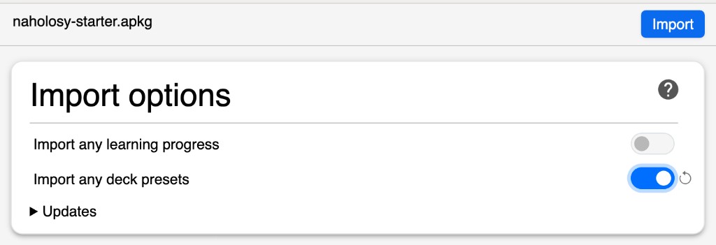 Anki import options with 'Import any deck presets' toggled on